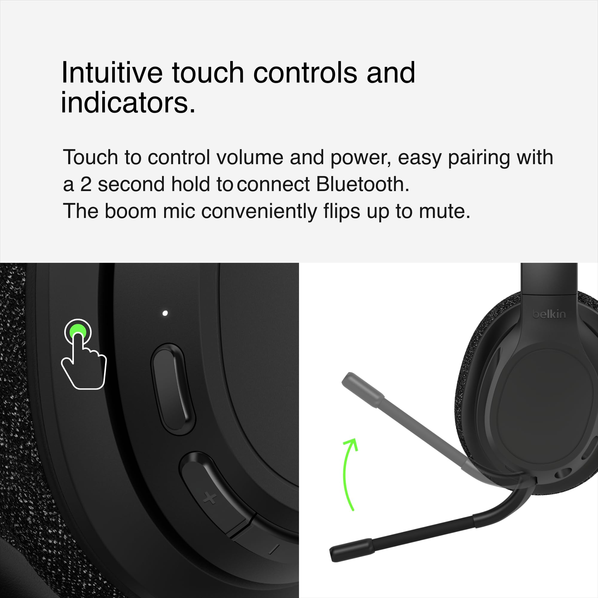 Belkin SoundForm Adapt Wireless Over-Ear Headset, Headphones for Work, Play, Gaming, & Travel w/Built-in Boom Microphone, 45H Battery Life - Compatible with iPhone, iPad, Galaxy, and More - Black