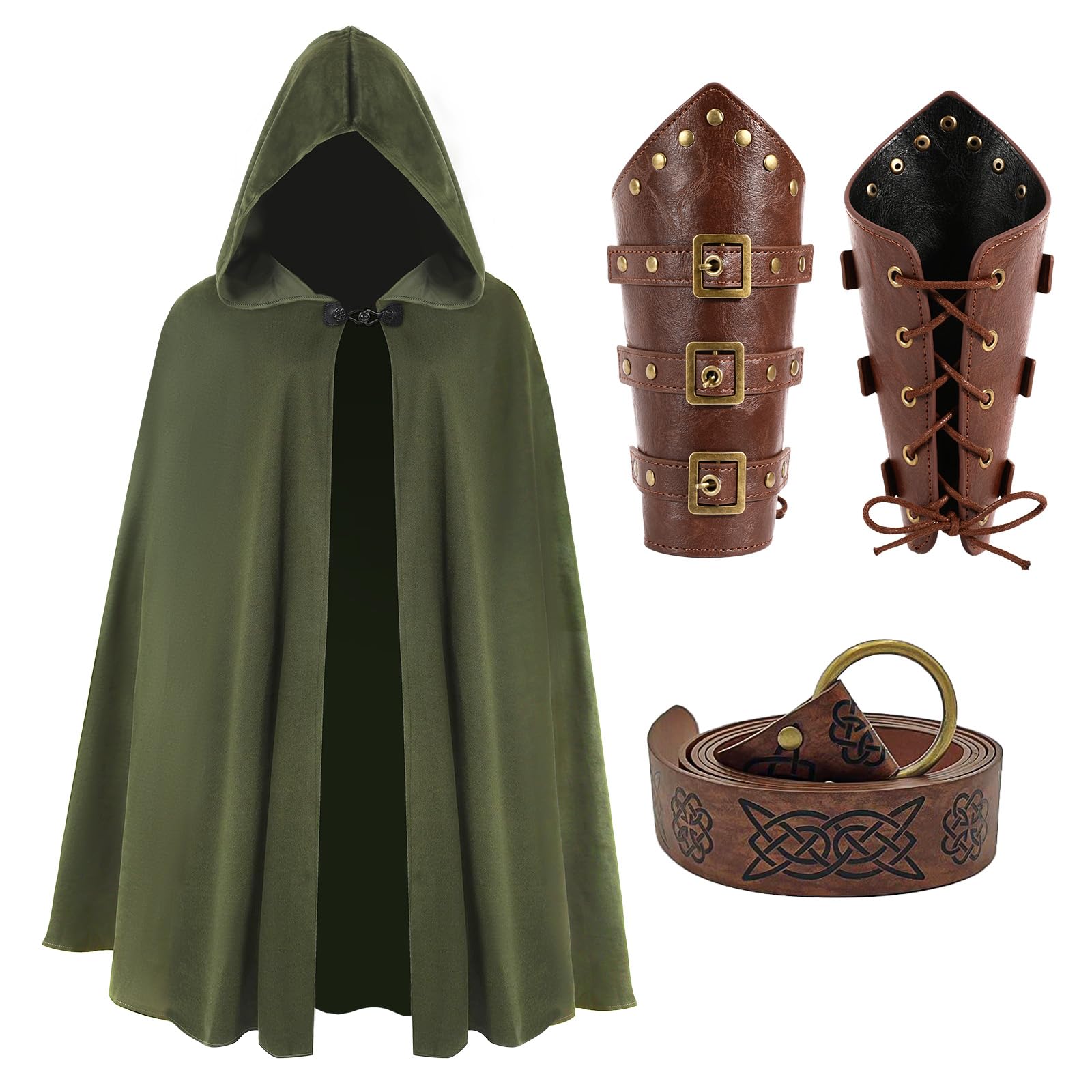 JoyFuncos Medieval Cloak with Hood, Renaissance Velvet Cape with Viking Belt Leather Bracers Costume Accessories Adult Men Women for Halloween (Green)