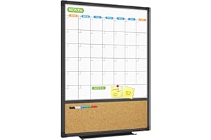 JILoffice Magnetic Calendar Whiteboard & Bulletin Corkboard Combination, Combo Board 20 x 28 Inch, Black Aluminum Frame Wall Mounted Board for Office Home and School with 10 Push Pins