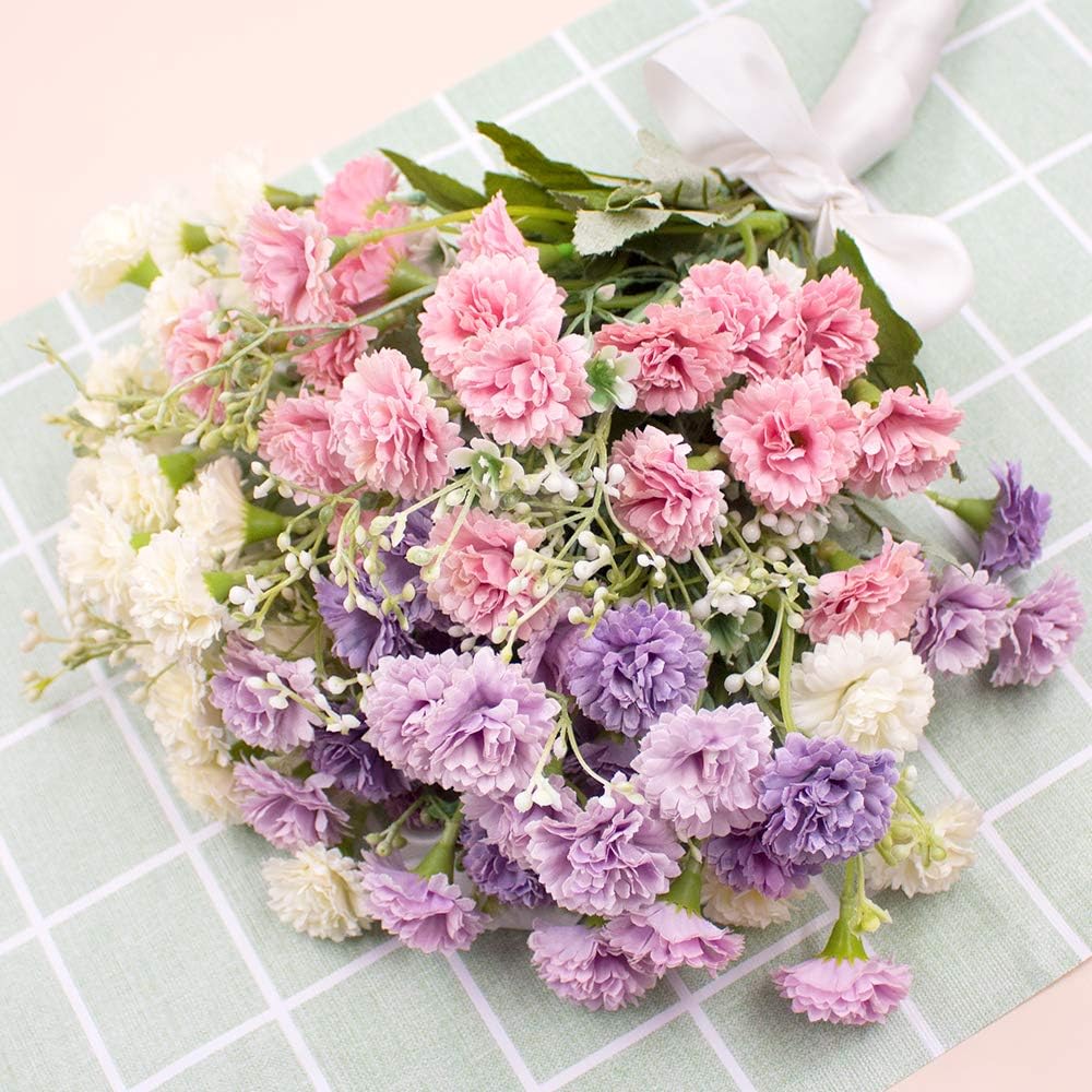 SNAIL GARDEN Artificial Carnations Flowers,60 Heads 3 Bundles Silk Realistic Mini Chrysanthemum Bouquet,with Greeting Card & Brown Paper Bag for Home Office Table Decoration Gift(White/Pink/Purple) - Image 5