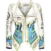 LadtwRX Women's Faux Leather Textured Hand Painted Graffiti Studded Rivet Moto Lady Fit Jacket Zip-up Slim PU Biker Coat
