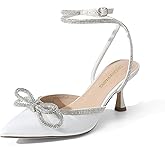 DREAM PAIRS Kitten Heels Rhinestone Bow Ankle Strap Stiletto Pointed Closed Toe Heels for Women Pumps Wedding Bridal Party Dress Shoes