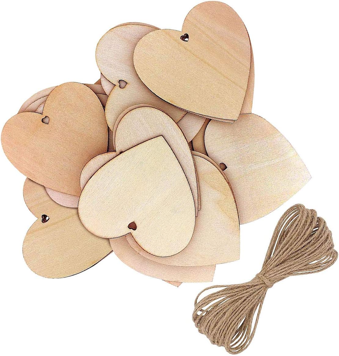 Wooden Hearts, 10Pcs HeartShaped Wood Decoration with Natural Twine