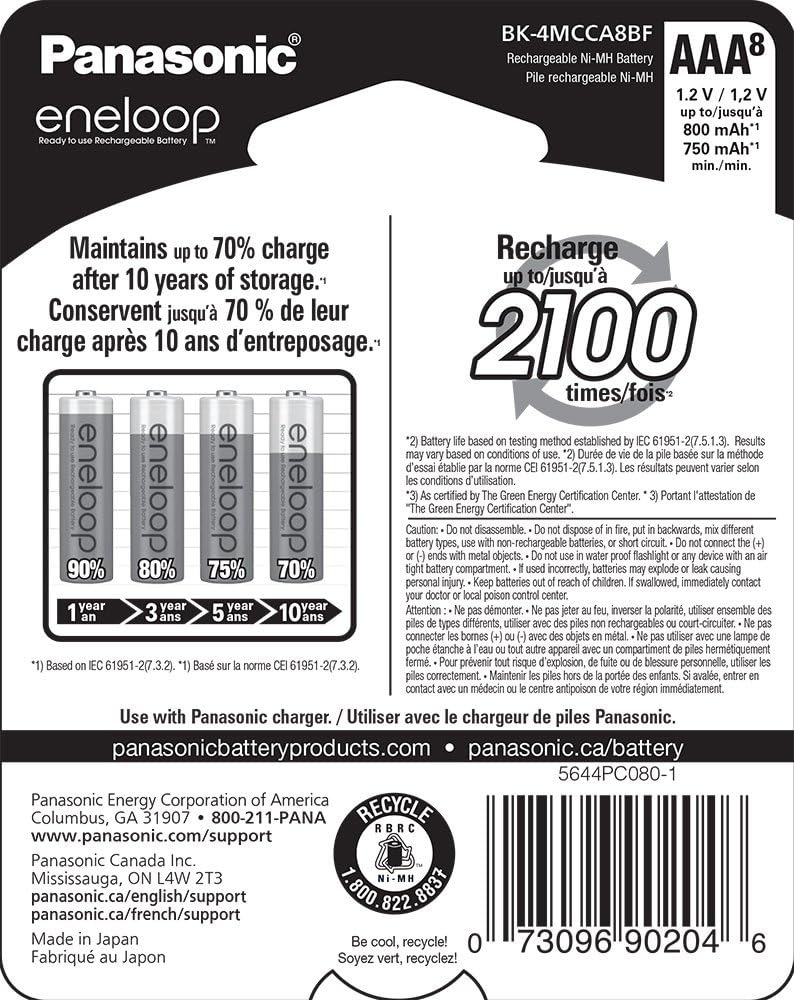 Panasonic BK-4MCCA8BA eneloop AAA 2100 Cycle Ni-MH Pre-Charged Rechargeable Batteries, 8 Pack: PANASONIC: Electronics