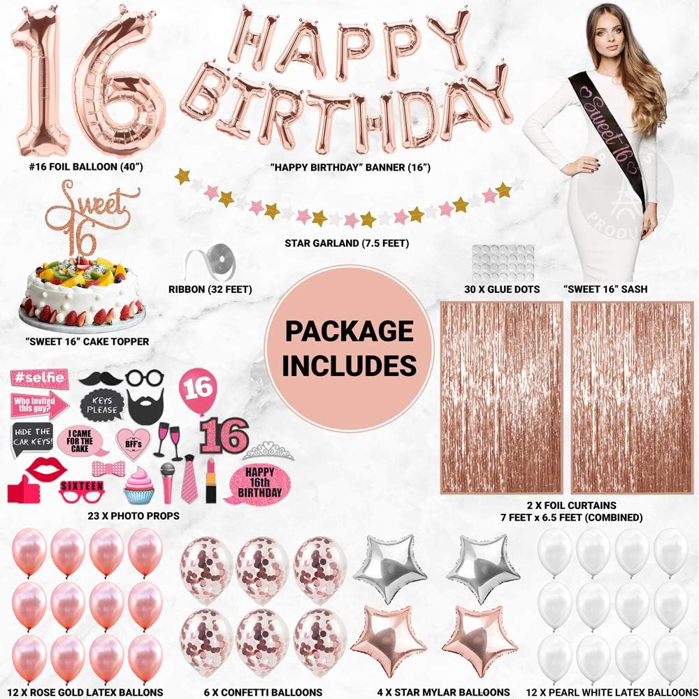 Sweet 16 Birthday Decorations WITH Photo Booth Backdrop and Props – Rose Gold Sweet 16 Decorations – Sweet 16th Birthday Party Supplies WITH Happy Birthday Banner, 16, Confetti and Mylar Balloons Sweet Sixteen: Toys & Games