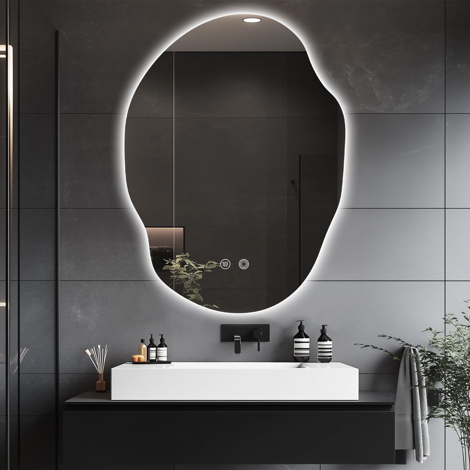 Photo 1 of 39F USA Irregular LED Bathroom Mirror with Lights,Asymmetrical Led Bathroom Vanity Mirror for Wall with Front and Backlit, Anti Fog, 3 Colors and Dimmable Light,[Horizontal/Vertical] 30" H x 22" W