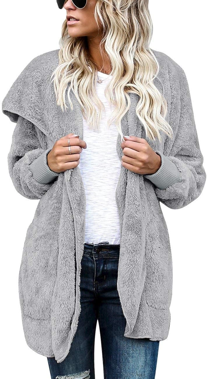 ThusFar Women Fuzzy Fleece Jacket Open Front Hooded Cardigan Coat Outwear Pockets at  Women’s Clothing store