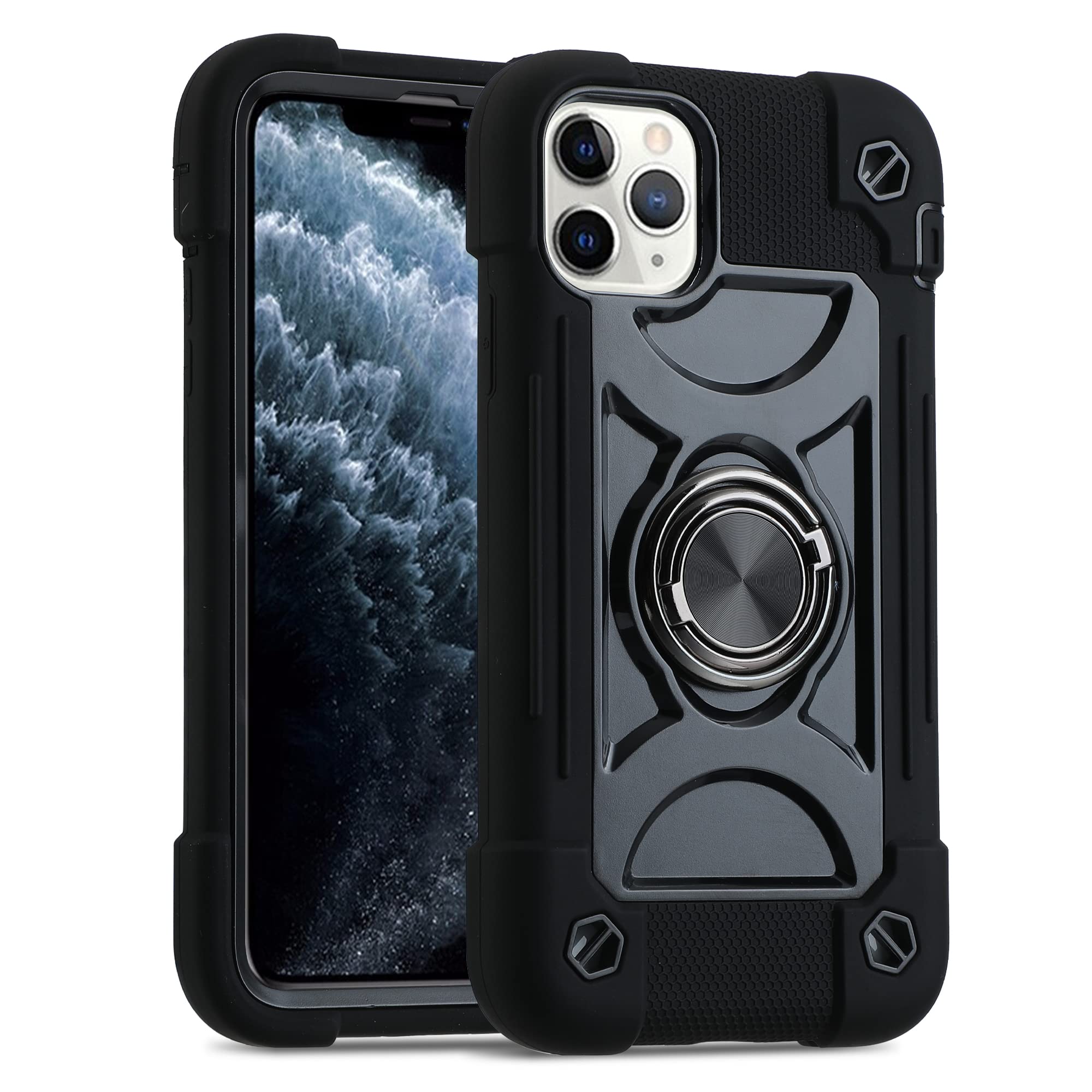 Photo 1 of MARKILL Compatible with iPhone 11 Pro Max Case 6.5 Inch with 360°Rotate Ring Stand, Military Grade Drop Protection Full Body Rugged Heavy Duty Case 3 in 1 Protective Durable Cover. (Black)