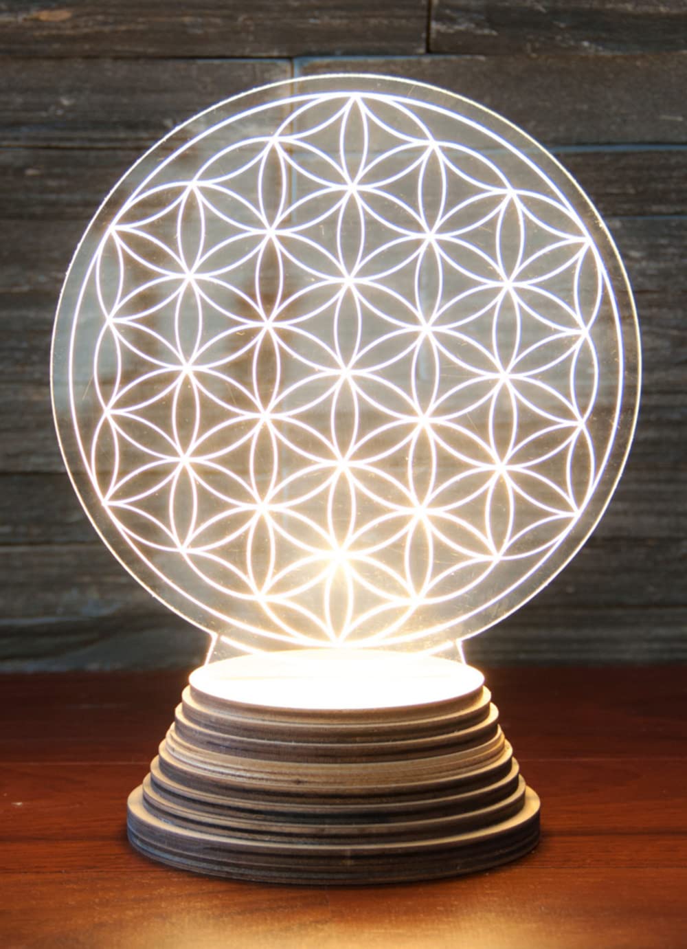 Flower of Life Ambient Light Made of Acrylic with Wooden Base