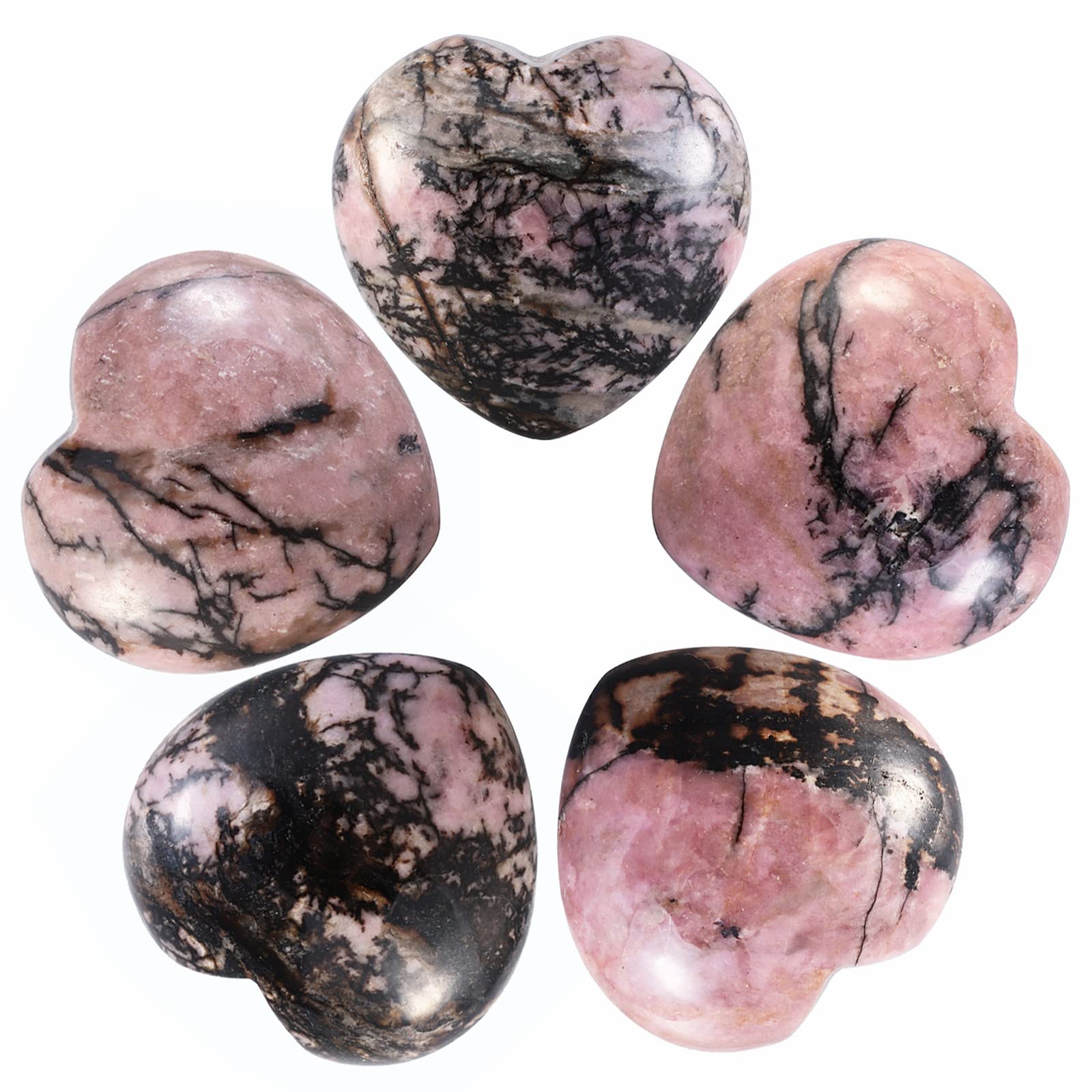 Nupuyai 5pcs Rhodonite Crystal Heart Love Palm Worry Stone for Chakra Reiki Healing, Carved Stone for Home Decoration 2.5cm