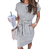 Arolina Womens Summer Short Sleeve Striped T Shirt Dress Casual Midi Dresses Crewneck Tie Waist with Pockets