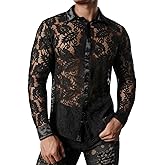 JOGAL Men's See Through Flower Lace Sheer Blouse Long Sleeve Button Down Shirts