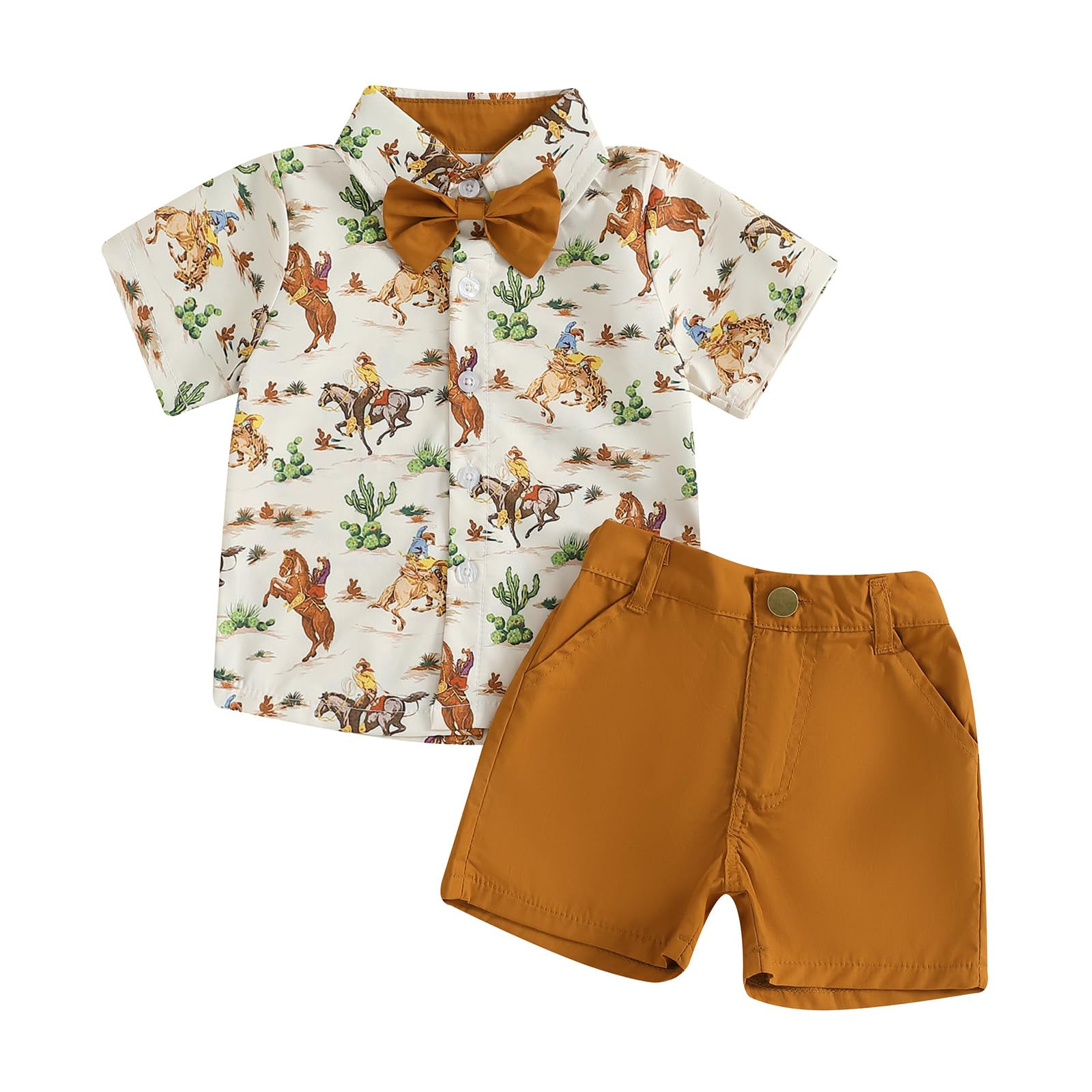 Photo 1 of *******SEE NOTES *******Karuedoo Western Toddler Baby Boy Clothes Riding Horse Button Down Short Sleeve Shirt Tops Shorts Set Summer Country Outfit (Brown, 3-4T)