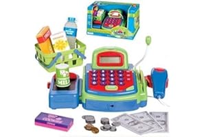 YMCtoys Pretend Play Electronic Cash Register Toy Realistic Actions & Sounds Green/Blue/Red