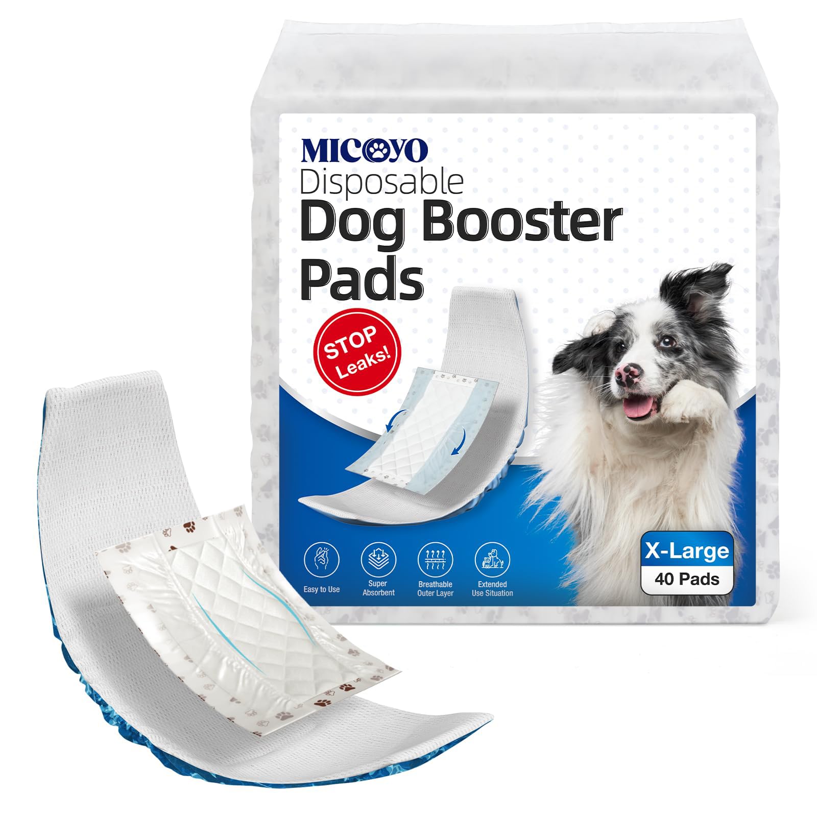 MICOOYO Disposable Dog Diaper Liners, Dog Booster Pads for Male Female Dogs, Super Absorbent Period Dog Inserts Pads for Nappies Pants(Dual Side Leakproof) (XL-40)