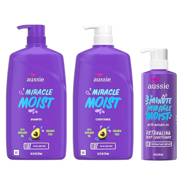 AUSSIE MIRACLE MOIST SHAMPOO AND CONDITIONER WITH 3 MINUTE MIRACLE DEEP CONDITIONER, AVOCADO & JOJOBA OIL, PARABEN-FREE, MOISTURIZES & DETANGLES, ALL HAIR TYPES, CITRUS FLORAL SCENT, 3 PACK 68.4 FL OZ