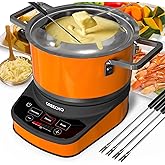 GREECHO Fondue Pot Electric Set, 2.6 Qt Stainless Steel Electric Fondue Pot with 3 Preset Mode (Cheese, Chocolate & Broth), 1200W Fondue Pot Set with Separated Fondue Pot & 6 Color-Coded Forks, Orange