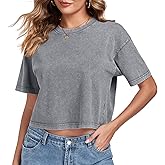 Womens Crop Tops Acid Wash Short Sleeve T-Shirts Casual Round Neck Basic Tees Baggy Summer Shirts