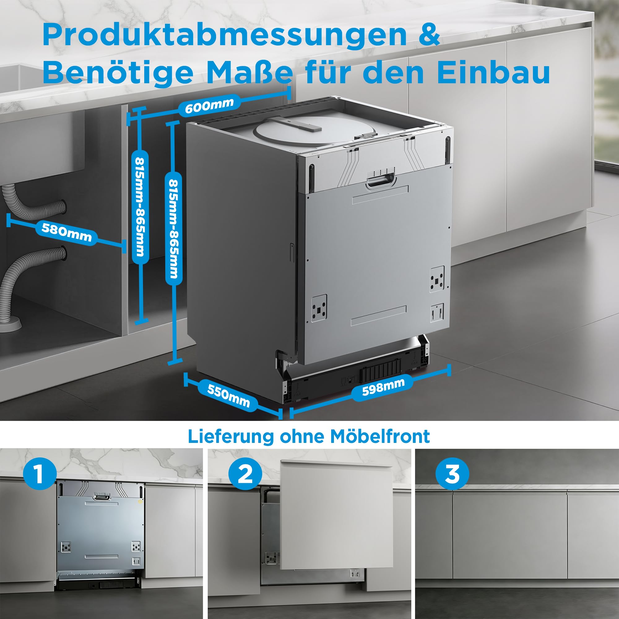 Midea SV 4.60 wi Geschirrspüler Vollintegriert 60cm, 14 Maßgedecke, 8 Programme, Automatische Türöffnung, LED Display, Leise, Vollwasserschutz, Spülmaschine Unterbaufähig 3