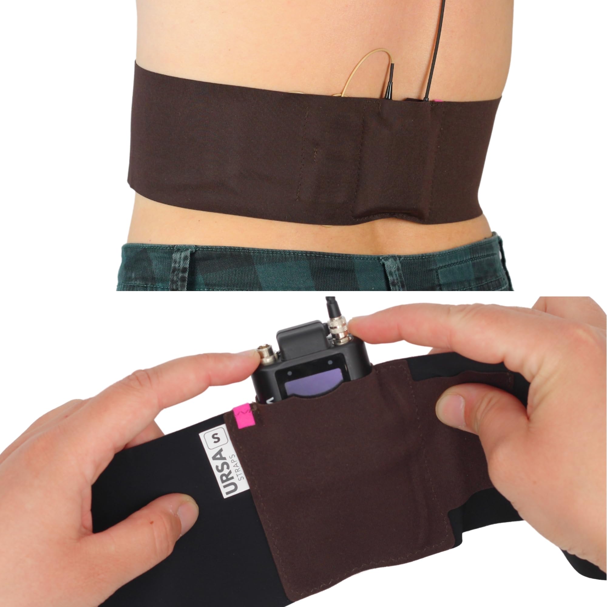 URSA Waist Strap - Ultra Slim, Breathable & Stretchy Microphone Transmitter Straps. Compatible with Most Transmitter/Receivers (Brown, Medium Waist - Small Pouch)