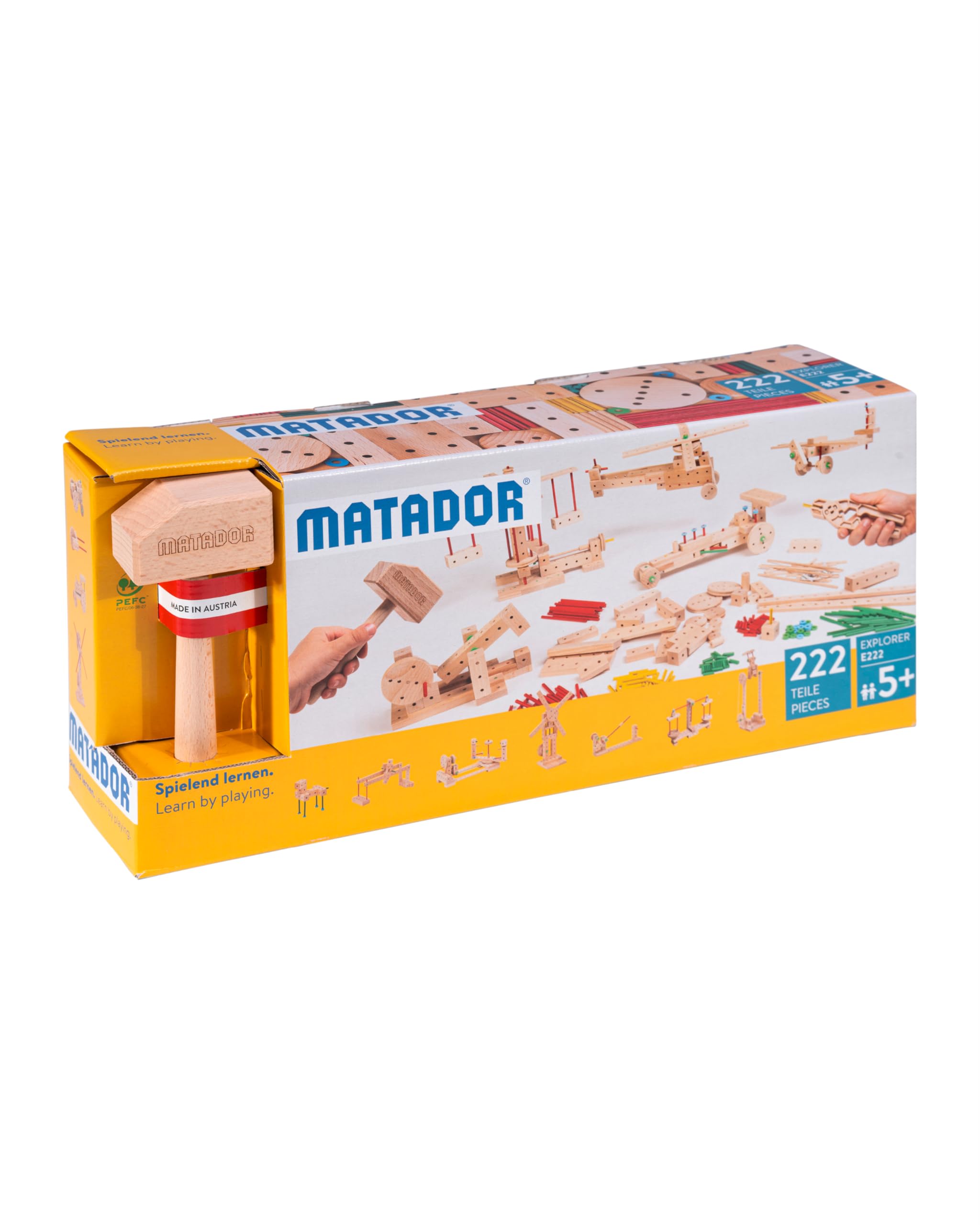 Matador Kinder Baukasten ab 5 Jahren 318-tlg. - Spannendes Holz Konstruktionsspielzeug zur Schulung von Kreativität und Feinmotorik, Bauspielzeug mit Stäbchen, Klötzen, Hammer & Zange