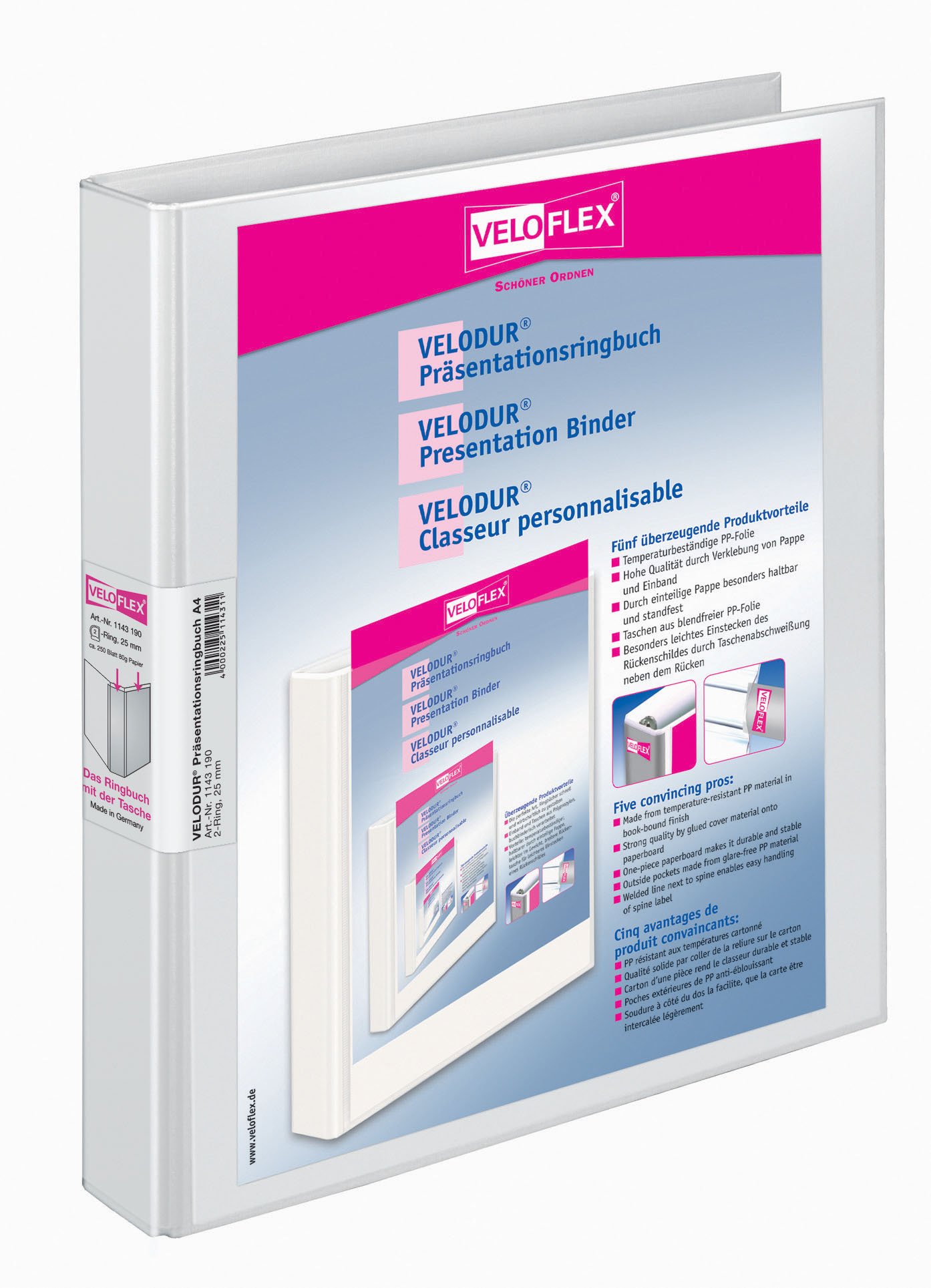 VELOFLEX Velodur 1143190 Presentation Ring Binder DIN A4 2-D-Ring Mechanism 25 mm Wide with Wide Back Pocket White Pack of 1