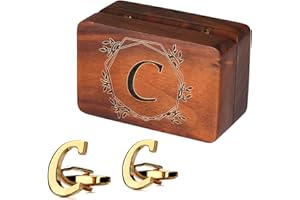 PROPHET CLUE PC Mens Initial Gold Cufflinks Brass Cuff Links A-Z Alphabet Letter with Engraved Walnut Wood Box Groom Groomsman Wedding