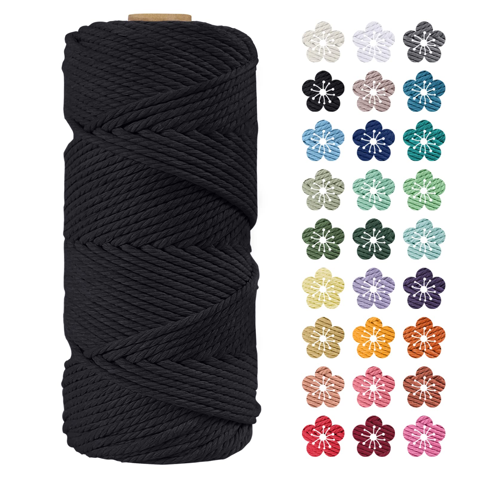LEREATI Macrame Cord 4mm x 100m, Thick Macrame Rope Natural Cotton Rope Craft String, 4 Strand Twisted Cotton Cord Yarn for DIY Plant Hanger, Wall Hanging, Christmas Decoration (Black)