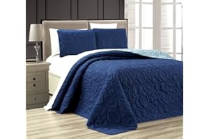 Grand Linen 3-Piece Tropical Coast Seashell Beach Queen/Full Oversize Oversize Bedspread Navy/Blue Reversible Coverlet Embossed Bed Cover Set. Sea Shells, Sea Horse, Starfish etc.