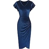 ZAFUL Velvet Dress for Women Wedding Guest Dress Ruffle Sleeve Ruched Bodycon Cocktail Party Dresses