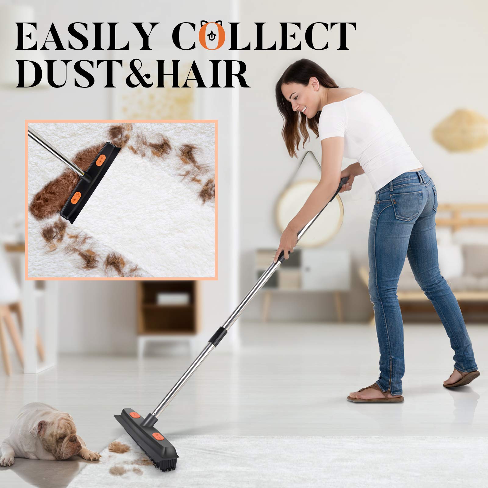 Conliwell Rubber Broom Carpet Rake for Pet Hair, Fur Remover Broom with Squeegee, Portable Detailing Lint Remover Brush (Stainless 4 Steel Handle)