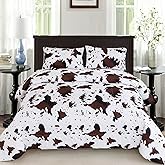 PERFEMET Queen Size Cow Print Bedding Comforter Set, Brown White Cowhide Western Comforter Sets, Geometric Checkered Reversible Cowboy Quilt Set (Brown White, Queen)