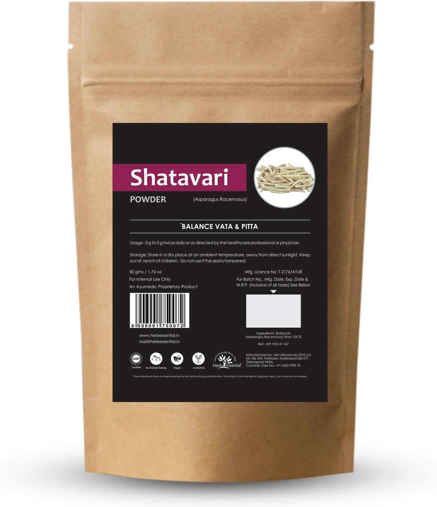 Herb Essential Organic Pure Shatavari (Asparagus Racemosus) Powder/Rejuvenating Ayurvedic Herb - 50 g