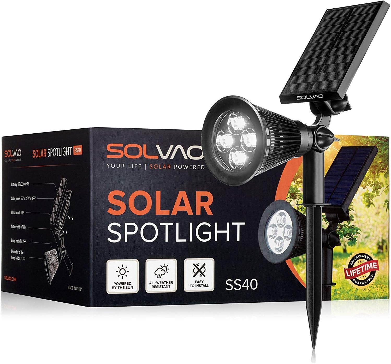 SOLVAO Solar Spotlight (Upgraded) - Ultra Bright, Waterproof, Outdoor LED Spot Light with Auto On/Off Function - Best Sun Powered, Rechargeable Uplight for Lighting Flag Pole, Landscape, Yard & Garden - - 