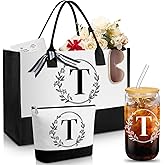 Aliceset Initial Gifts for Women Monogrammed Canvas Tote Bag with Zipper Pockets Reusable Grocery Bags and Glass Straws Cup(Letter T)