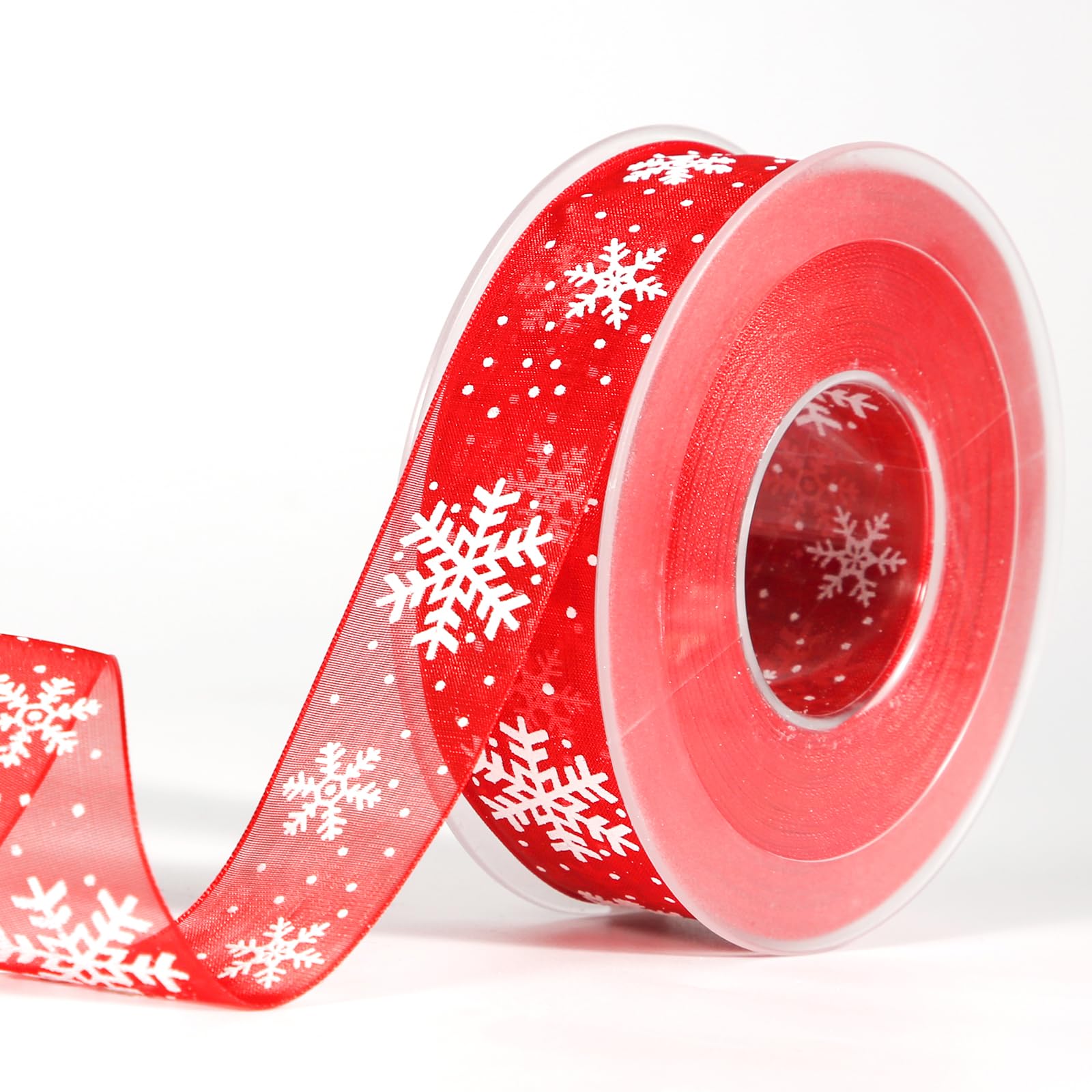 Christmas Ribbon 22yards x 1 inch, Red Thin Snowflake White Wired Ribbon 25mm Wide, Christmas Raffia Organza Polyester Ribbon for Cake Craft Making Gift Wrapping Decoration Winter Holiday Xmas Decor