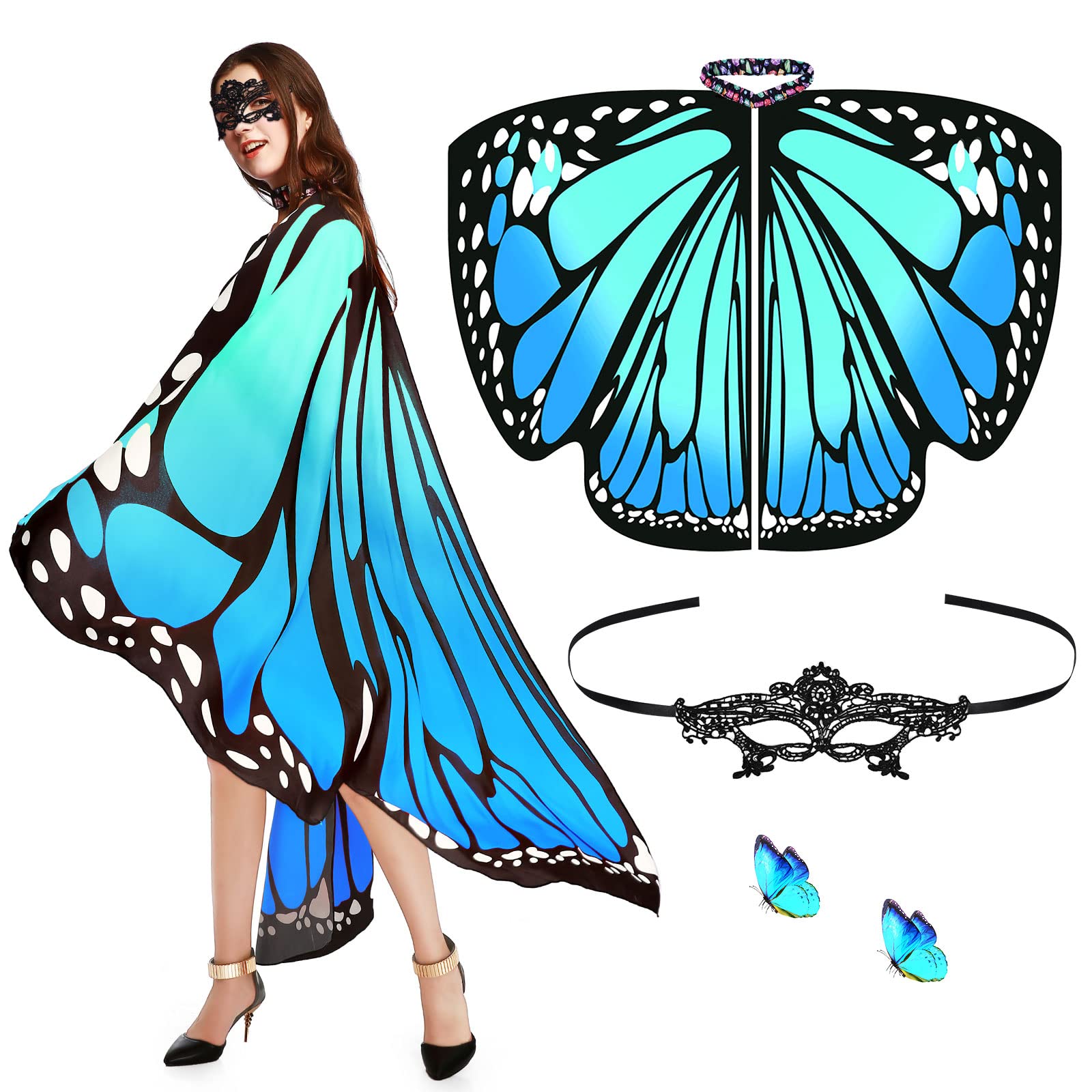 Aomig Womens Butterfly Wings Costume, Rainbow Butterfly Shawl Wings with Mask, Adult Fairy Pixie Cloak Butterfly Cape Wings Fancy Dress for Christmas Halloween Party Cosplay Dancing — image 1