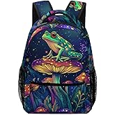 GNEW Funny Frog Sit on Mushroom Backpack for Teens Boys Girls, Green Frog Backpack, Pink Purple Forest Mushroom Bookbag, Water Resistant Travel Laptop Backpack, 16.5 Inch