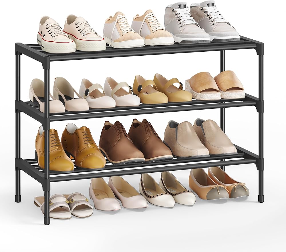 SONGMICS 3-Tier Shoe Rack for Closet, Compact Metal Shoe Organizer Shelf for Entryway, Bedroom, Small Spaces, Stackable, 30 x