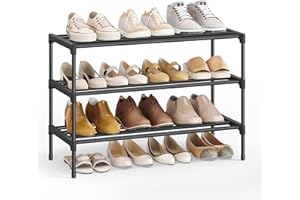 SONGMICS 3-Tier Shoe Rack for Closet, Compact Metal Shoe Organizer Shelf for Entryway, Bedroom, Small Spaces, Stackable, 30 x