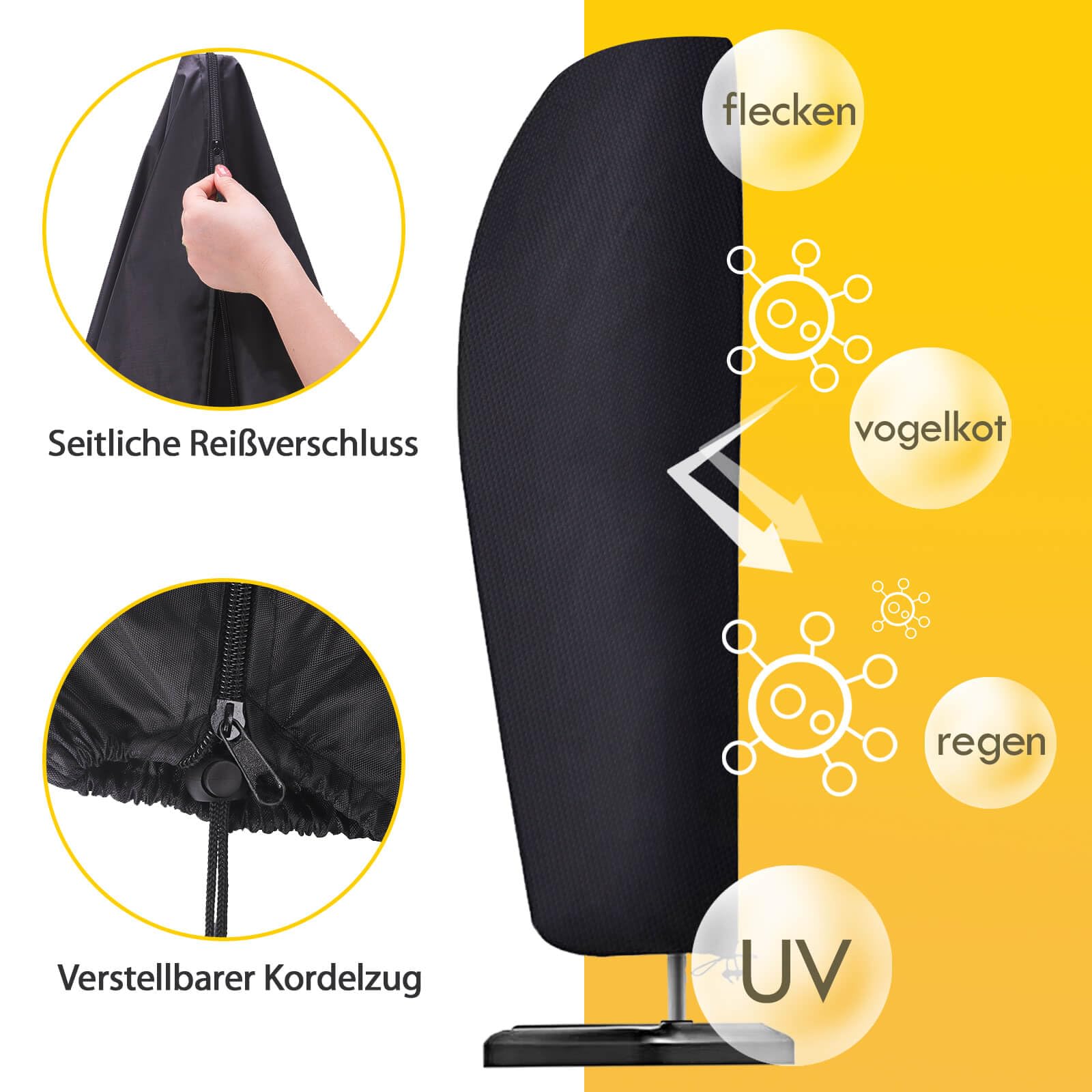 Reinalin Sonnenschirm Schutzhülle mit Stab, Abdeckhauben für Sonnenschirm Garten, Wasserdichter, UV-Beständig, Winddicht und Schneesicher (Schwarz, 265 x 40/70/50cm) 5