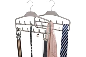 FairyHaus Belt Hanger Organizer 2 Pack, Non Slip Tie Rack Holder, Durable Hanging Closet Accessory Hooks for Belts, Ties, Jewelry, Scarves, Tank Tops, Grey