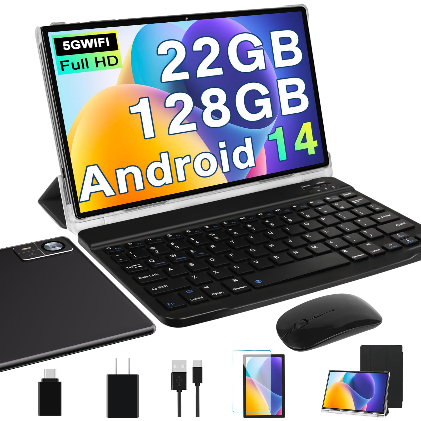 Photo 1 of Android 14 Tablet 10.1 inch 22GB RAM 128GB ROM 1TB Expand, 8000mAh Tablets with Keyboard Mouse, Octa-Core, HD Touchscreen, 5G Wi-Fi, BT 5.0, GPS, Widevine L1, Split Screen, Face Unlock - Black