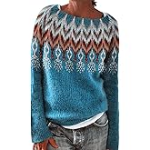 Fair Isle Sweater Women Crewneck Long Sleeve Knitted Pullover Oversized Casual Vintage Ethnic Sweater Jumper Tops