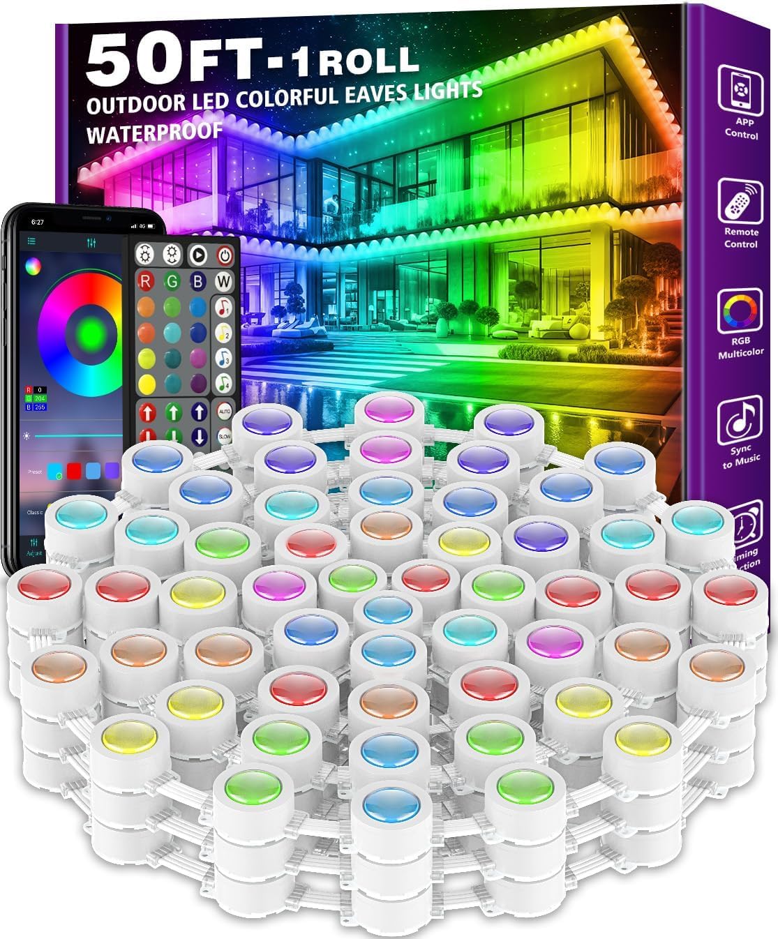 Photo 1 of 50FT Permanent Outdoor RGB Lights - IP67 Waterproof with Smart App Control Remote, DIY Scene Modes, Music Synchronization, Eaves Lights for Garden Decor, Deck, Christmas, Party, Party, Halloween,Roof
