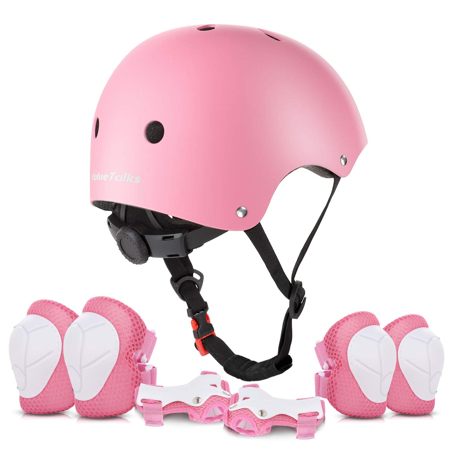 ValueTalks Kids Bike Helmet and Pads Set 7pcs Adjustable Kids Skate Helmet Knee Pads Elbow Pads Wrist Pads for Bicycle Scooter Roller Skate (Pink)