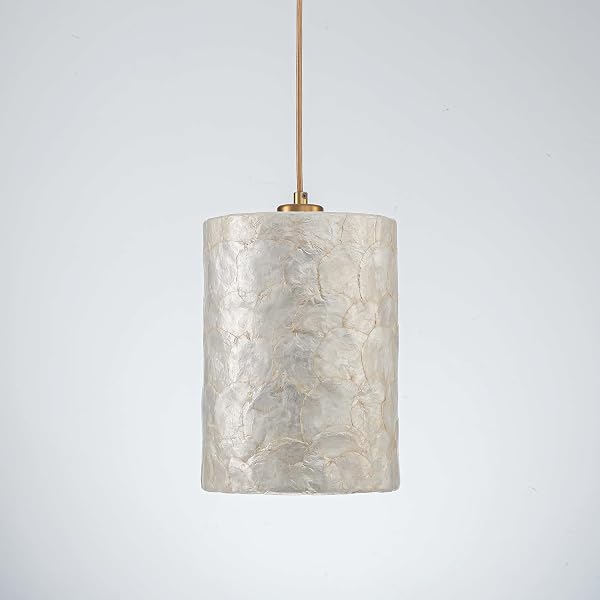 LUMFURN 1-LIGHT CAPIZ SHELL CHANDELIER, COASTAL DESIGN, MODERN PENDANT LIGHT FIXTURE FOR DINING ROOM, LIVING ROOM, KITCHEN ISLAND, D7 X H18~66″(ADJUSTABLE HEIGHT), SHELL LAMPSHADE & GOLD FINISH FRAME