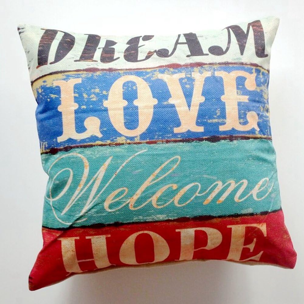 Soo Angeles Cotton Linen Square Decor Throw Pillow Case Cushion Cover Vintage Color "Dream, love, Welcome, Hope" Style 18 X 18 Inch