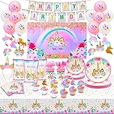 Unicorn Birthday Decorations , Girls Party Decorations for 16 Guests: Tableware, Backdrop, Swirls, Cupcake Wrappers, Bags, Headband, Balloons, Banner (194 Pieces)