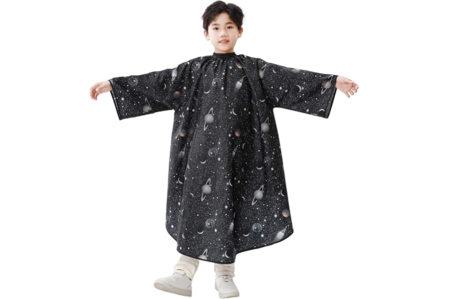 Kids Hair Cutting Cape with Sleeves, Kids Barber Cape Haircut Cape for Boy & Girls, Professional Salon or Home Hair Cut Cape-Black Space Printing
